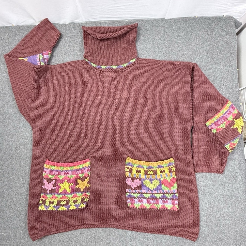 Amaro 100% Wool Hand Knit Andean Sweater Turtleneck Folk M/L